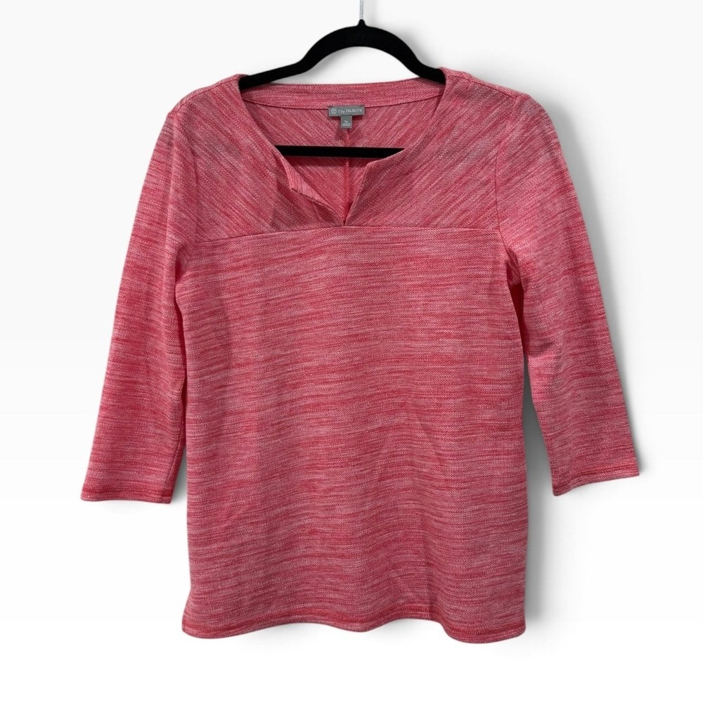 T by Talbots Womens Petite SP Pink Space Dye 3/4 Sleeve Notch Neck Knit Top